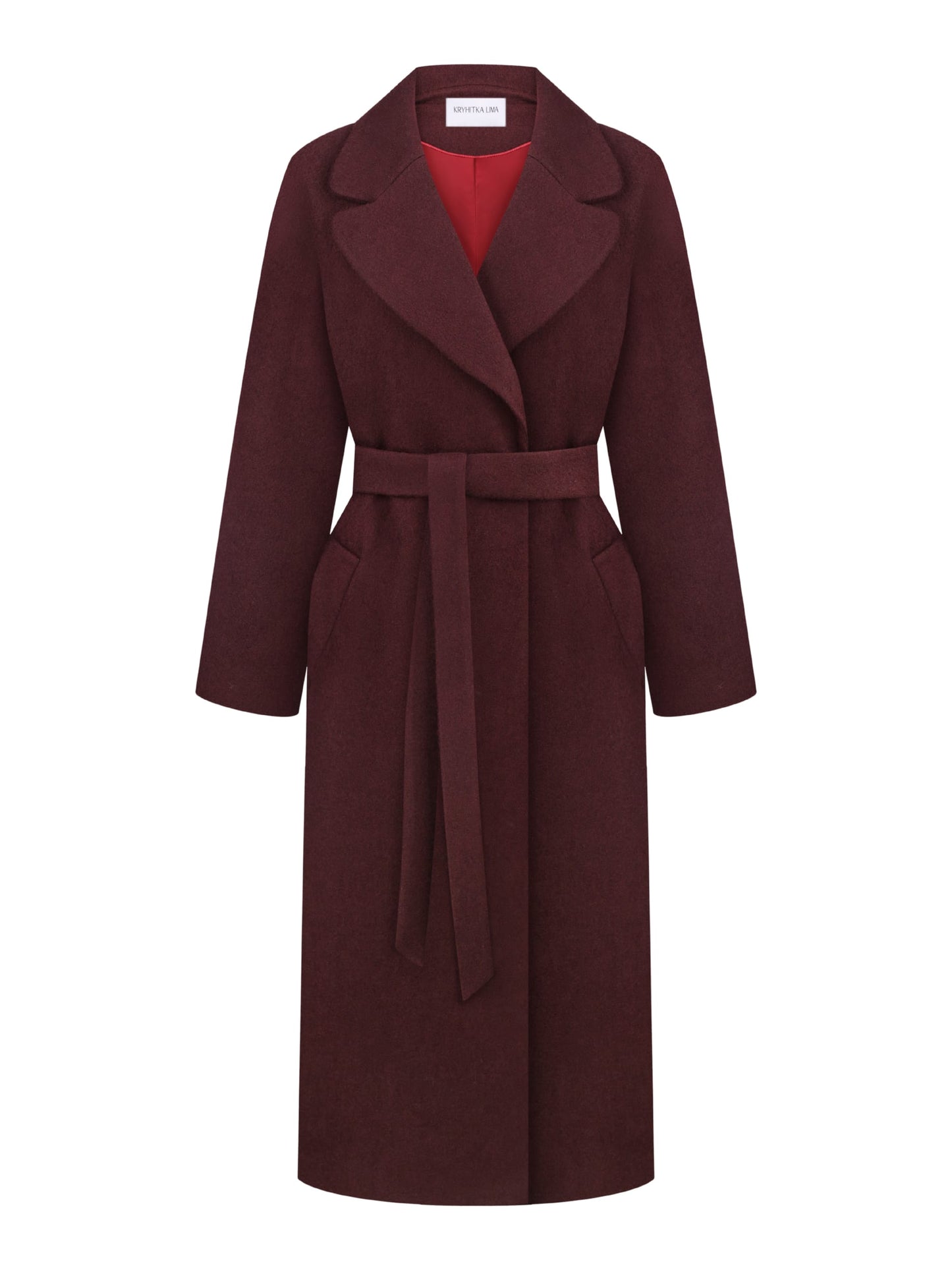 Double-breasted long coat with trim ribbon, Burgundy