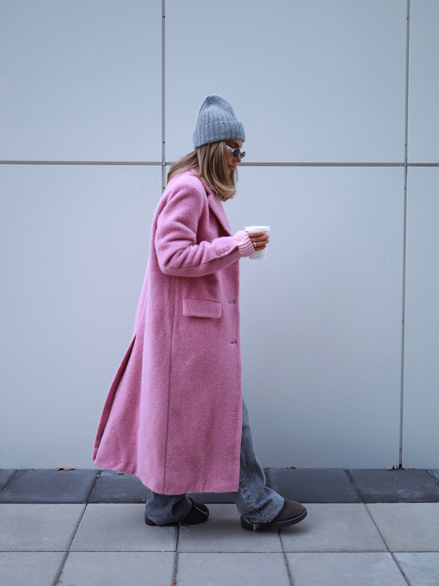 Wool Coat with Masculine Shoulders, Pink