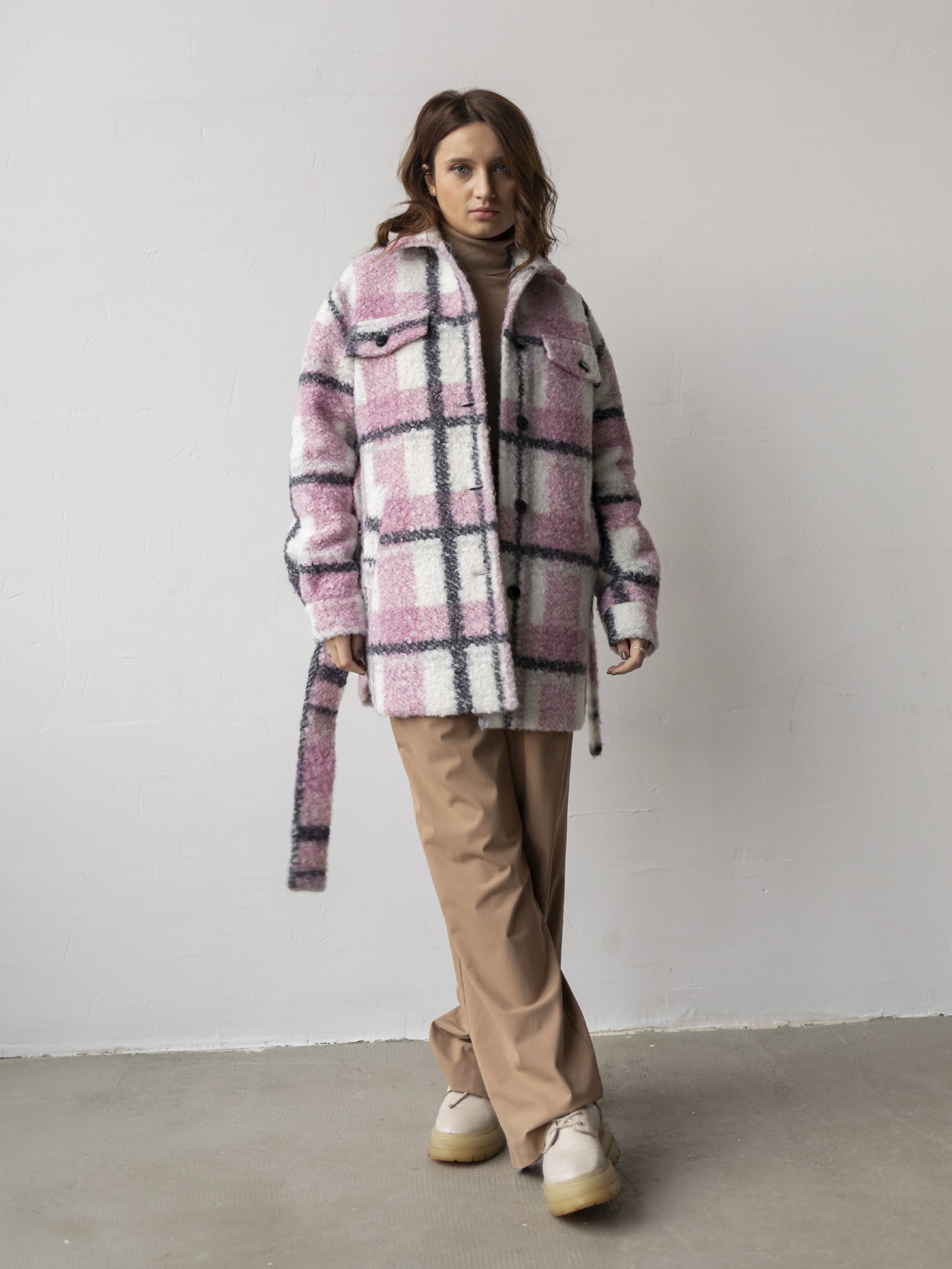 Wool Shirt Jacket Coats, Light Pink Check