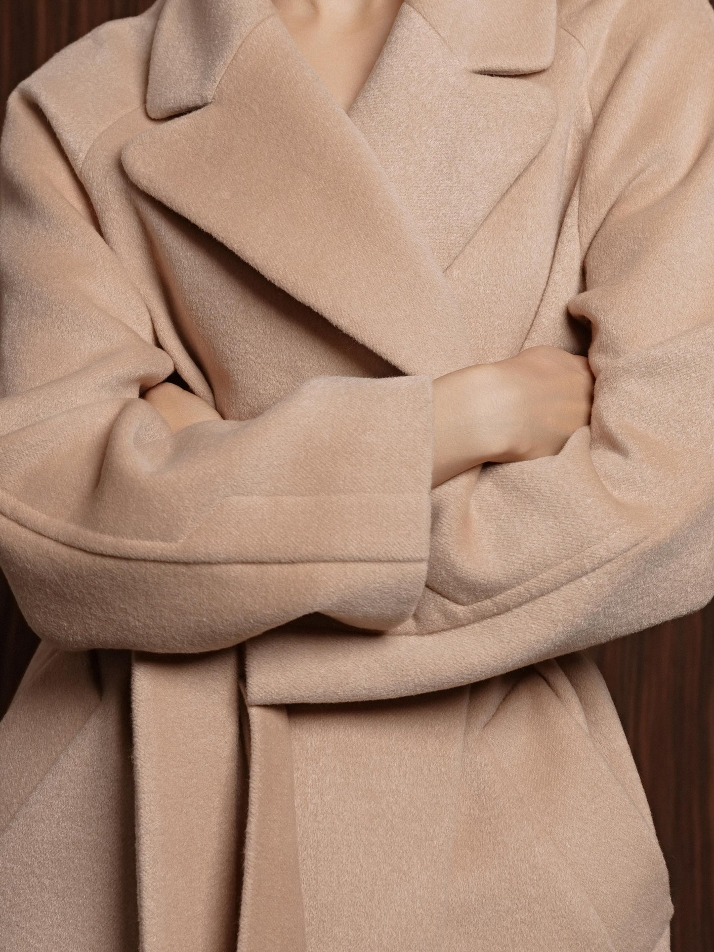 Double-breasted long coat with trim ribbon, Beige