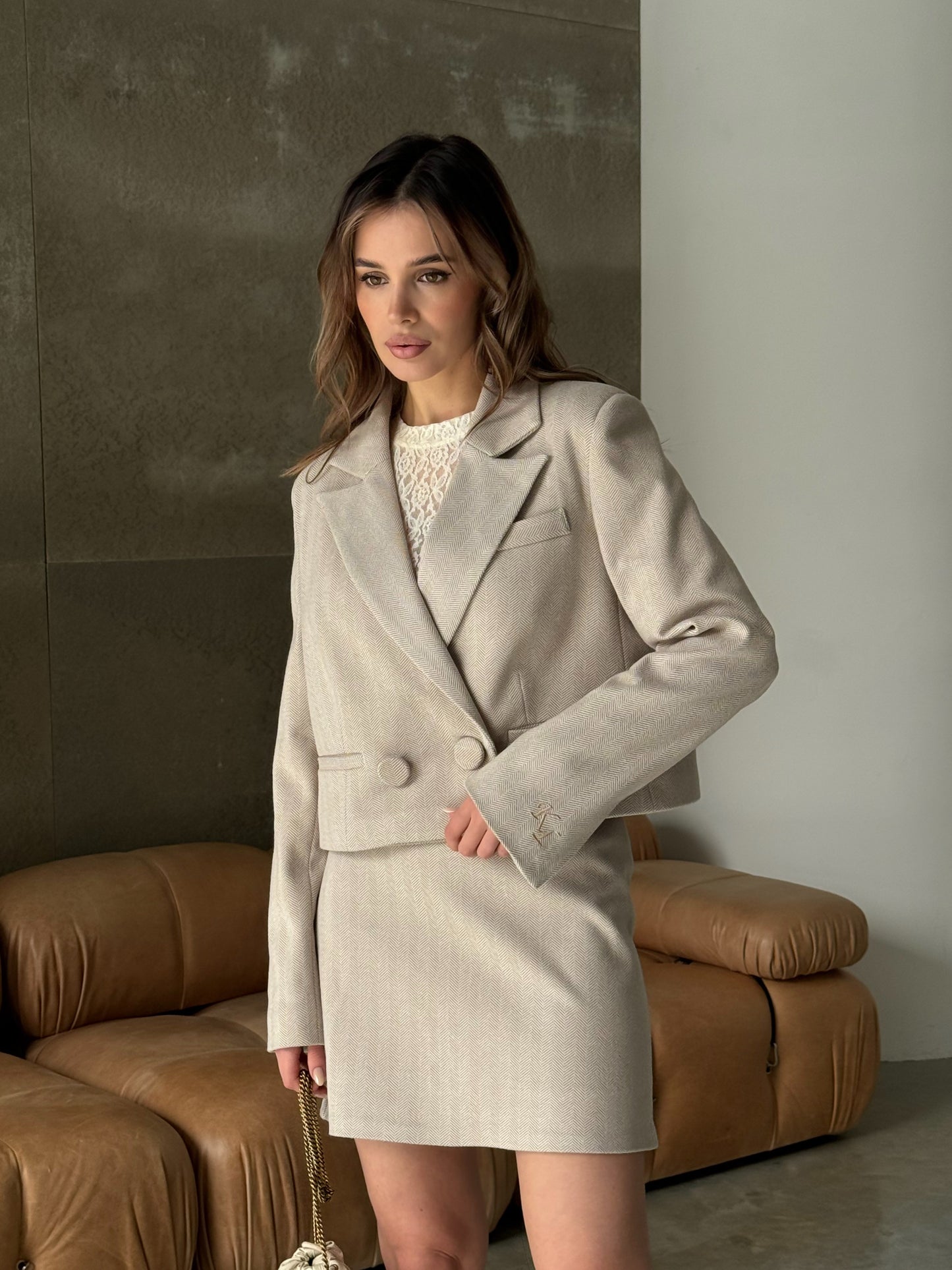 Casual women's suit, jacket and skirt, beige