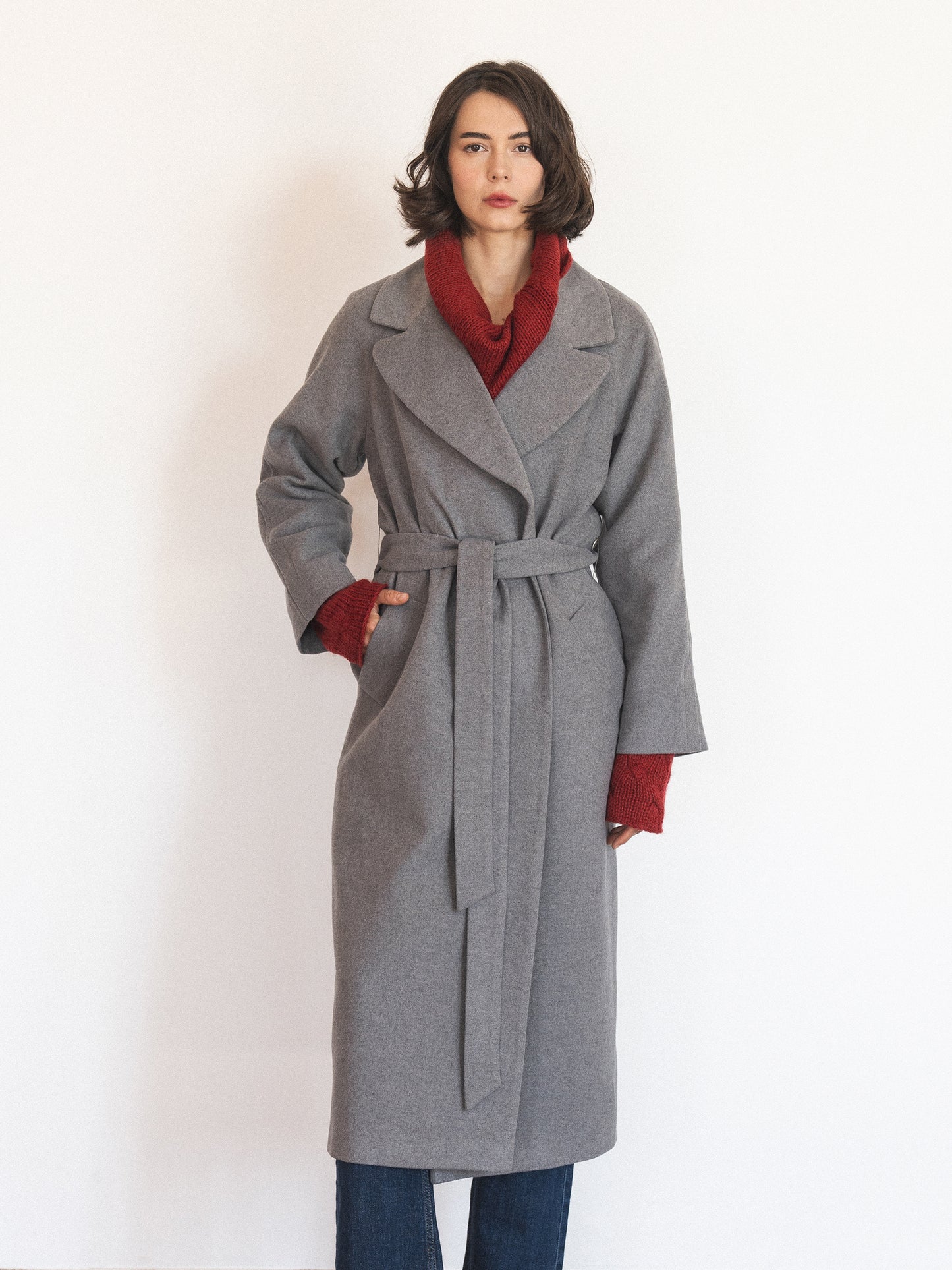 Double-breasted long coat with trim ribbon, Gray