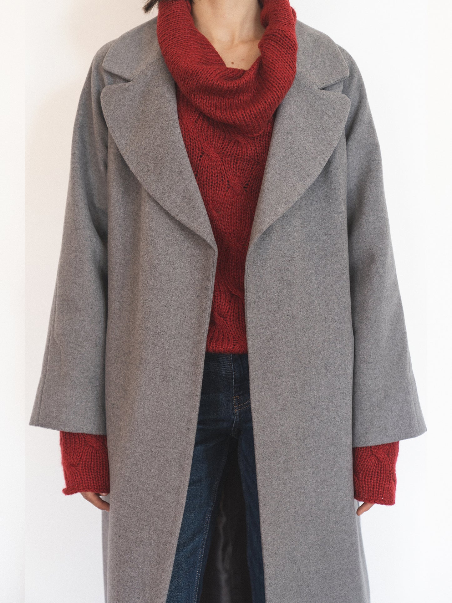 Double-breasted long coat with trim ribbon, Gray