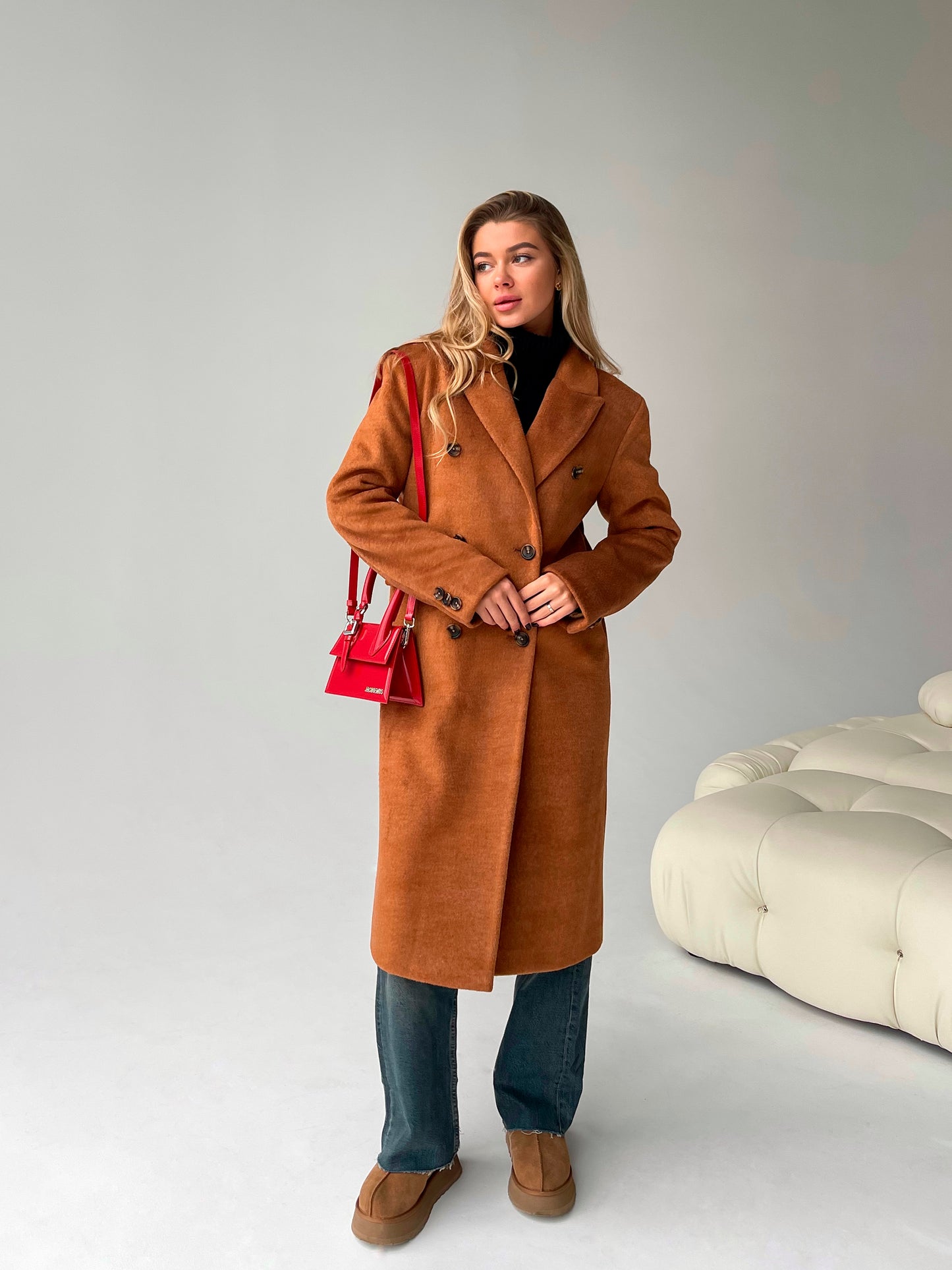 Wool Pile Coat with Masculine Shoulders, Brown